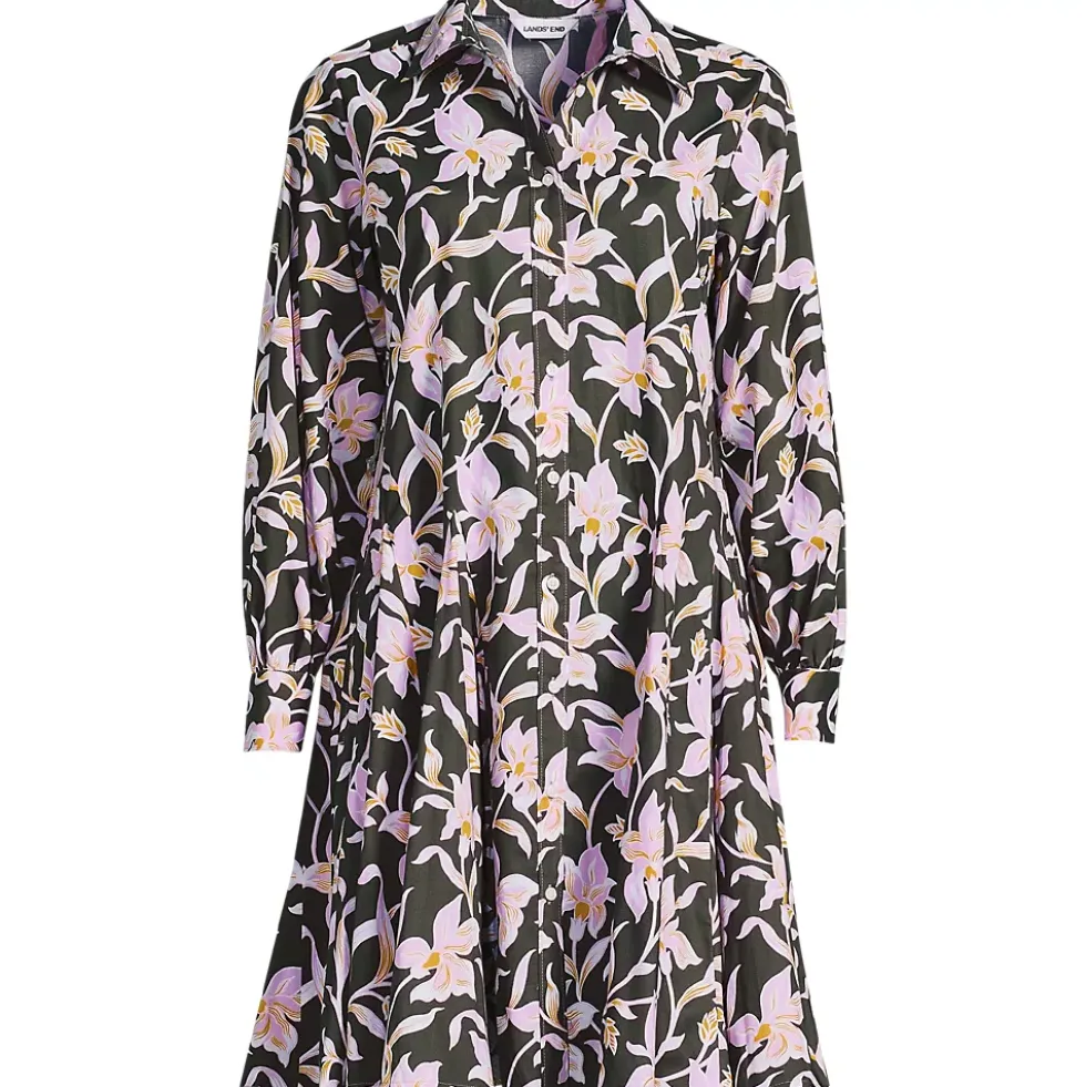 Women's Poplin Button Front Dress with Godets