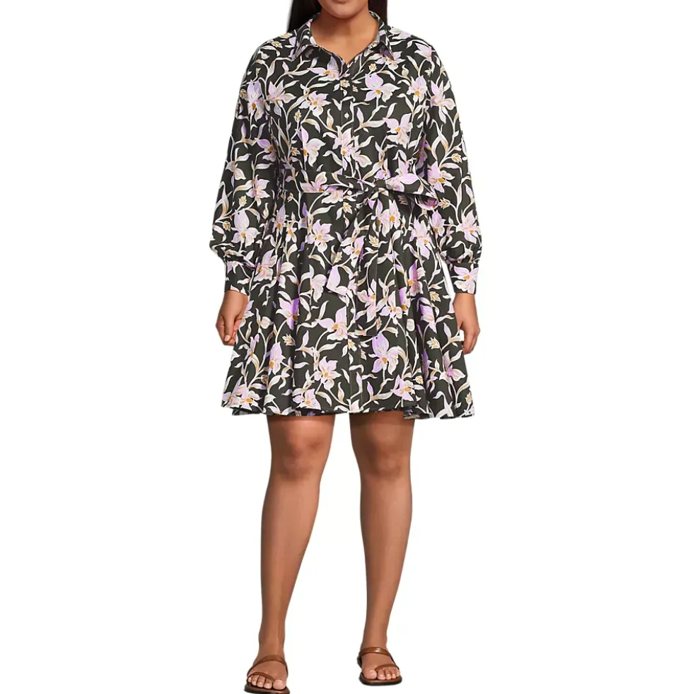 Women's Poplin Button Front Dress with Godets