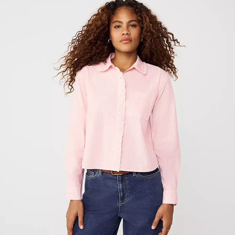 Women's Poplin Cropped Shirt with Ruffles