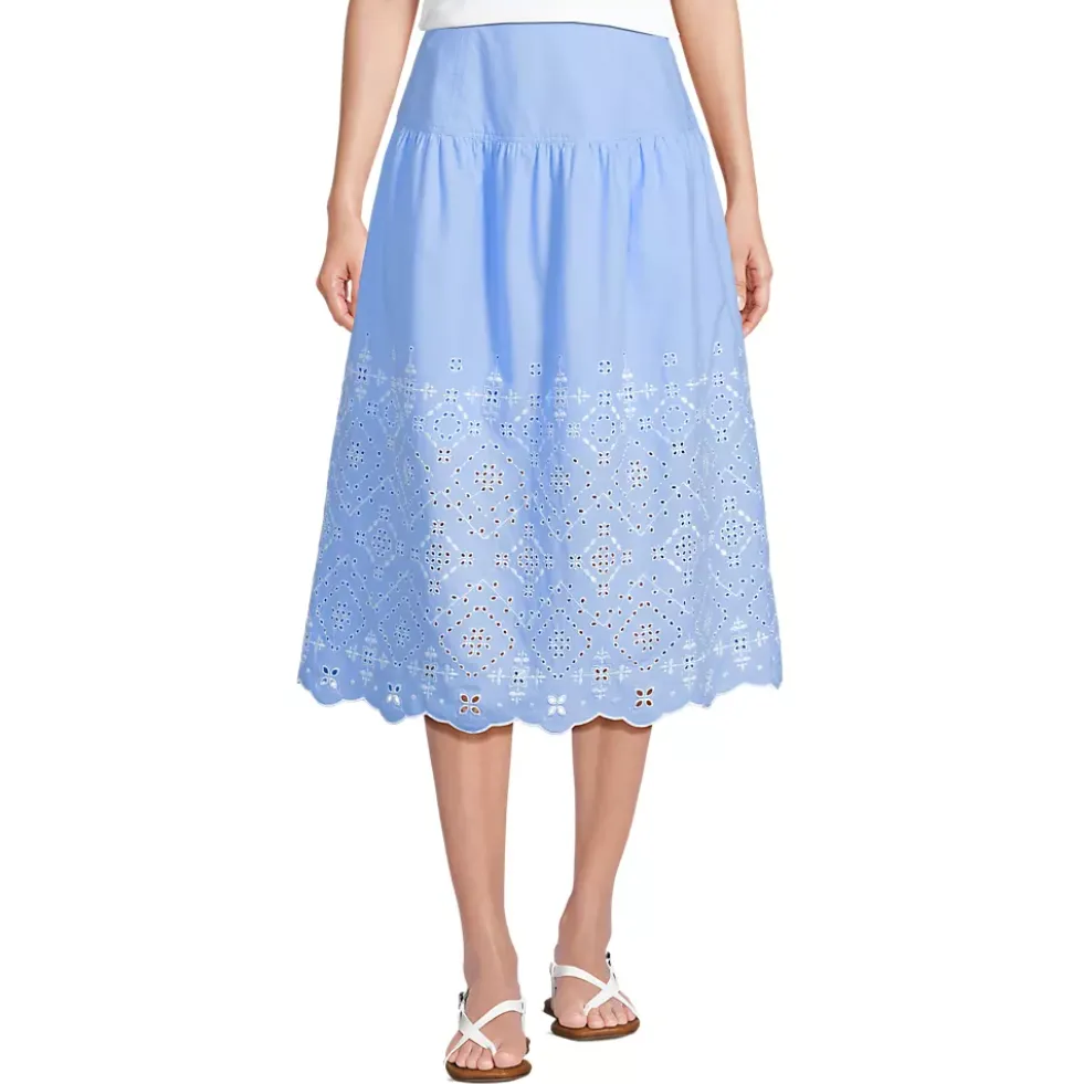 Women's Poplin Drop Waist Embroidered Eyelet Midi Skirt