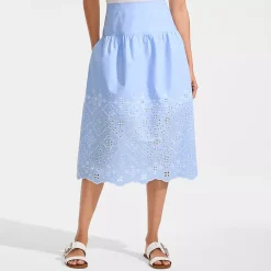 Women's Poplin Drop Waist Embroidered Eyelet Midi Skirt