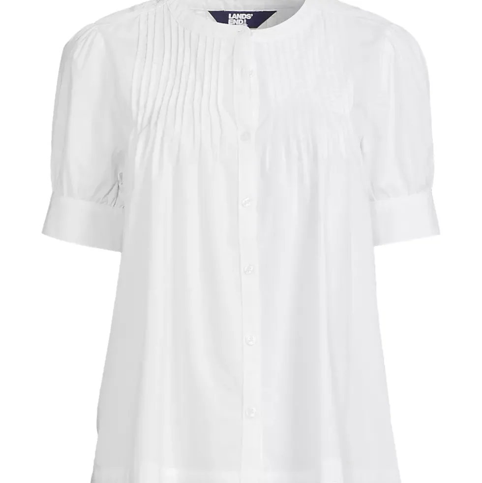 Women's Poplin Elbow Sleeve Pintuck Button Front Top