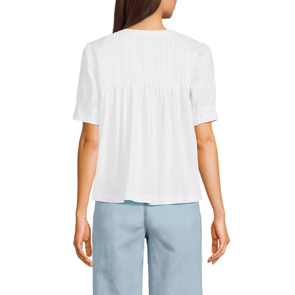Women's Poplin Elbow Sleeve Pintuck Button Front Top