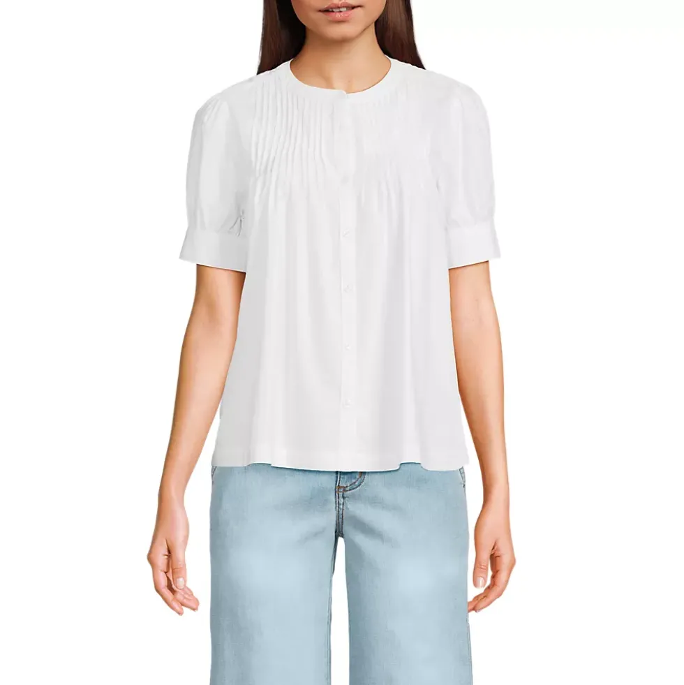 Women's Poplin Elbow Sleeve Pintuck Button Front Top