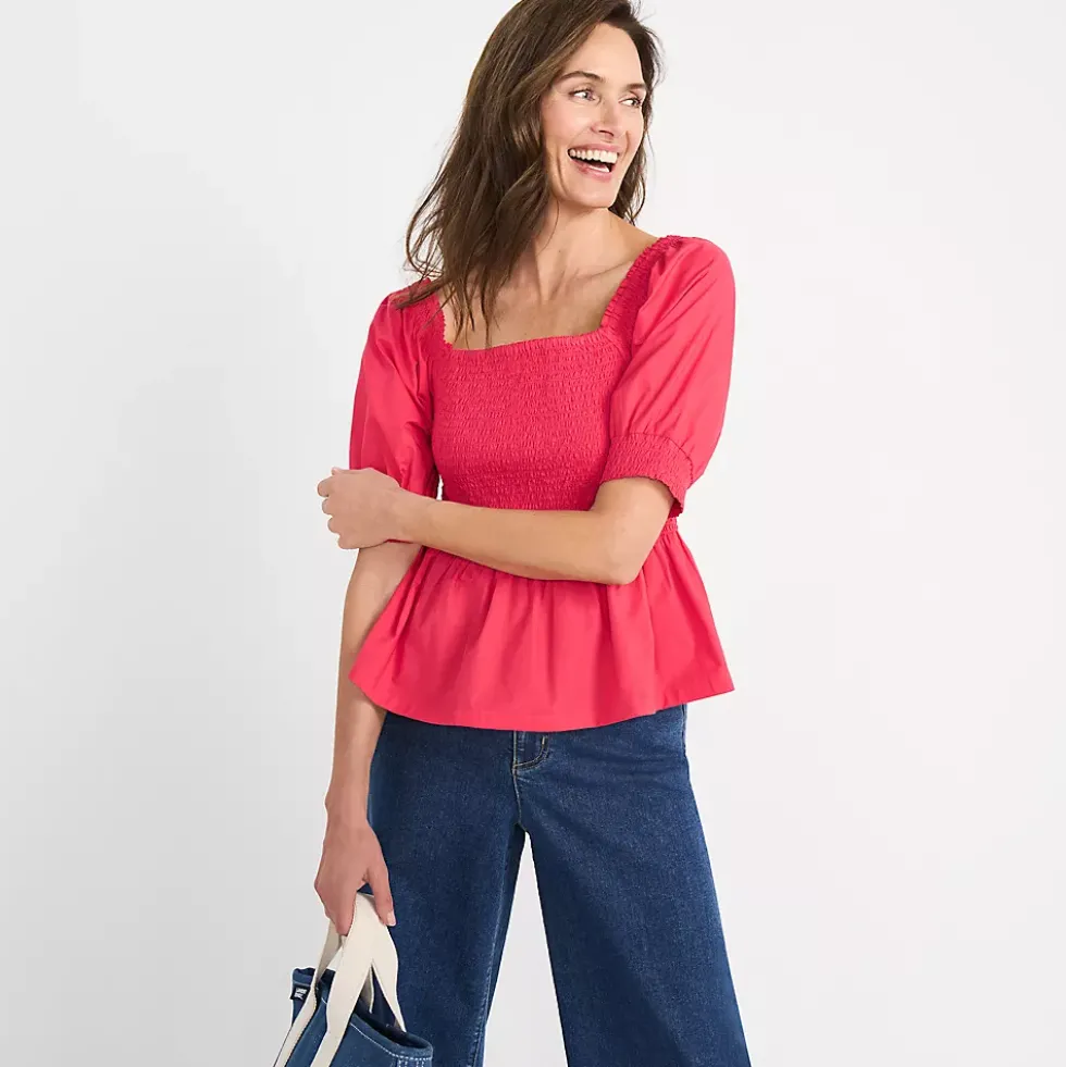Women's Poplin Elbow Sleeve Smocked Top