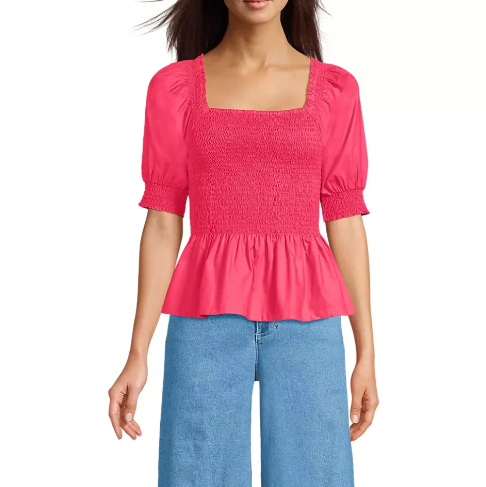 Women's Poplin Elbow Sleeve Smocked Top