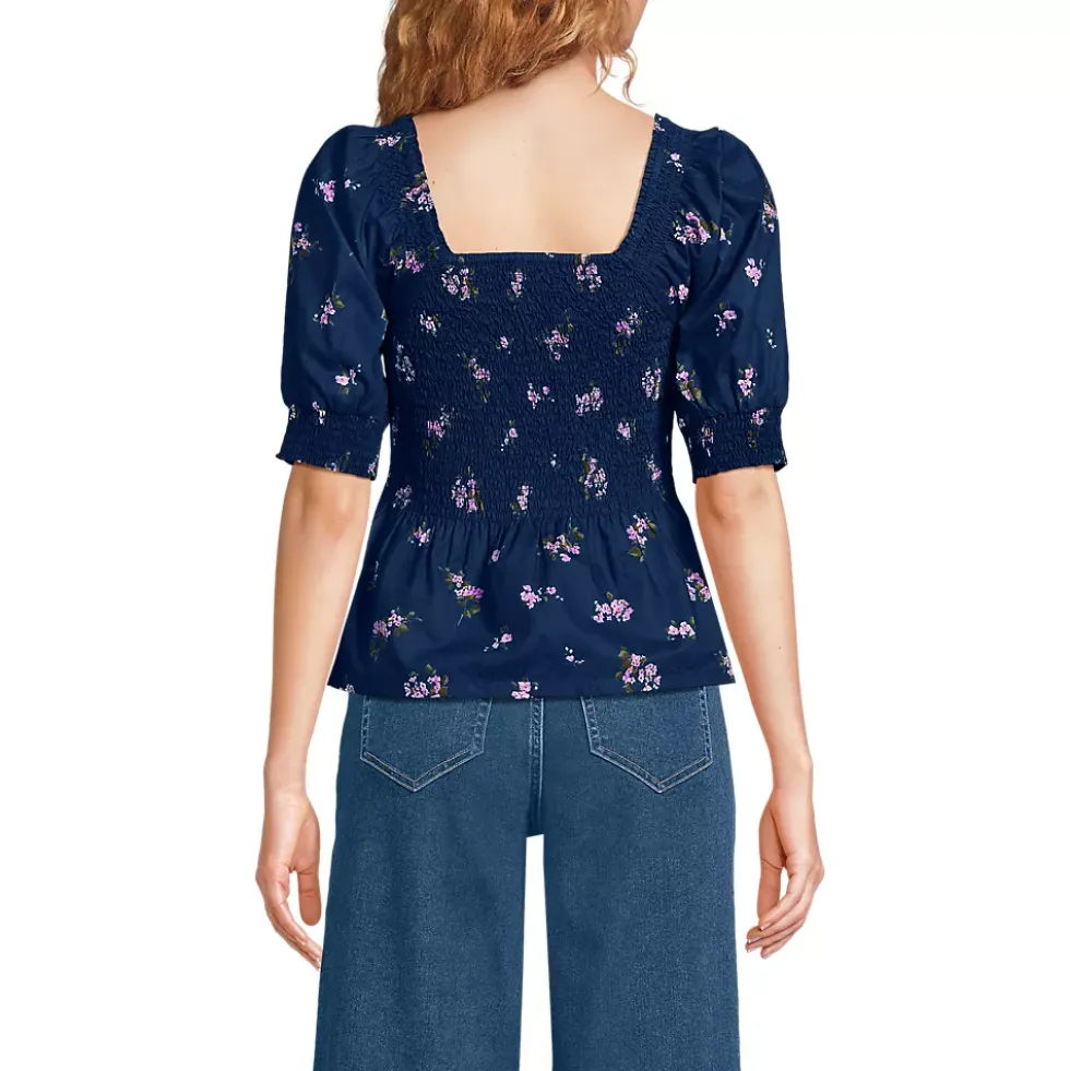 Women's Poplin Elbow Sleeve Smocked Top