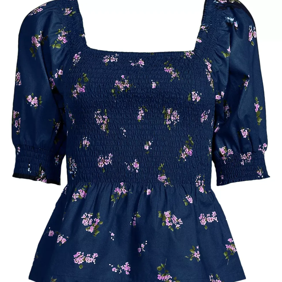 Women's Poplin Elbow Sleeve Smocked Top