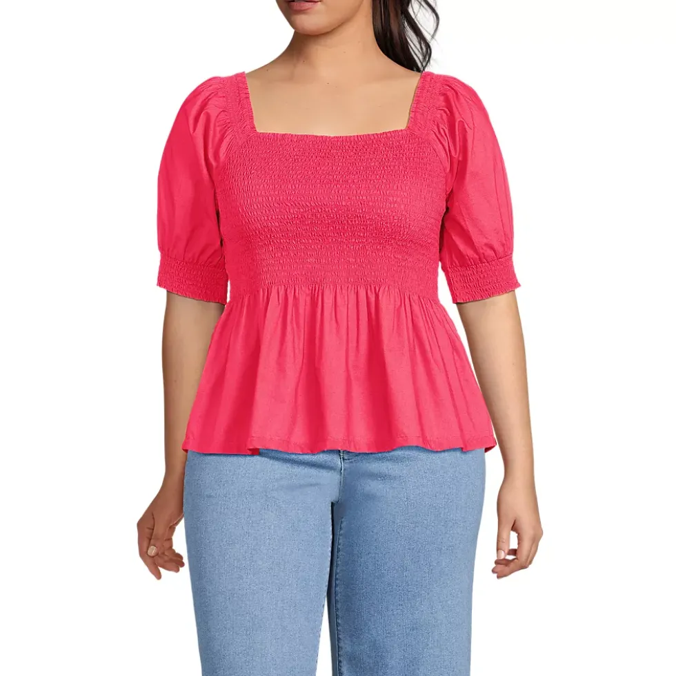 Women's Poplin Elbow Sleeve Smocked Top