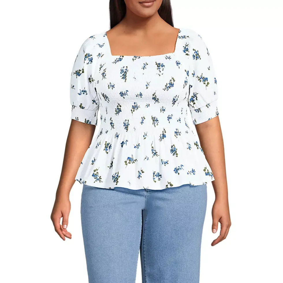 Women's Poplin Elbow Sleeve Smocked Top