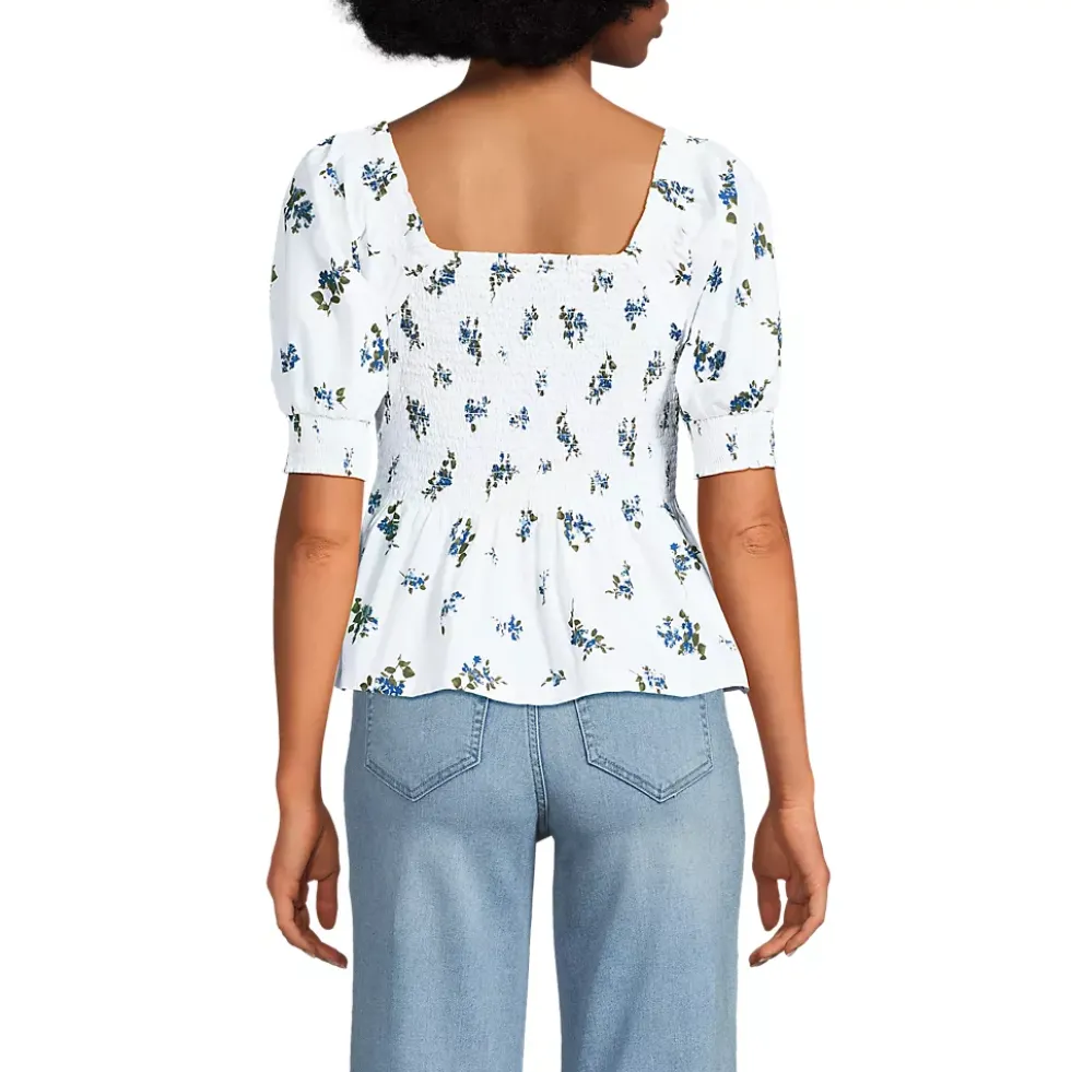 Women's Poplin Elbow Sleeve Smocked Top