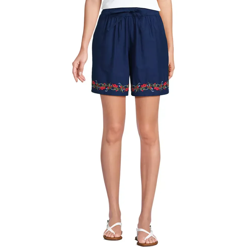 Women's Poplin Embroidered High Rise 7" Pull On Shorts