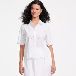 Women's Poplin Eyelet Button Front Shirt