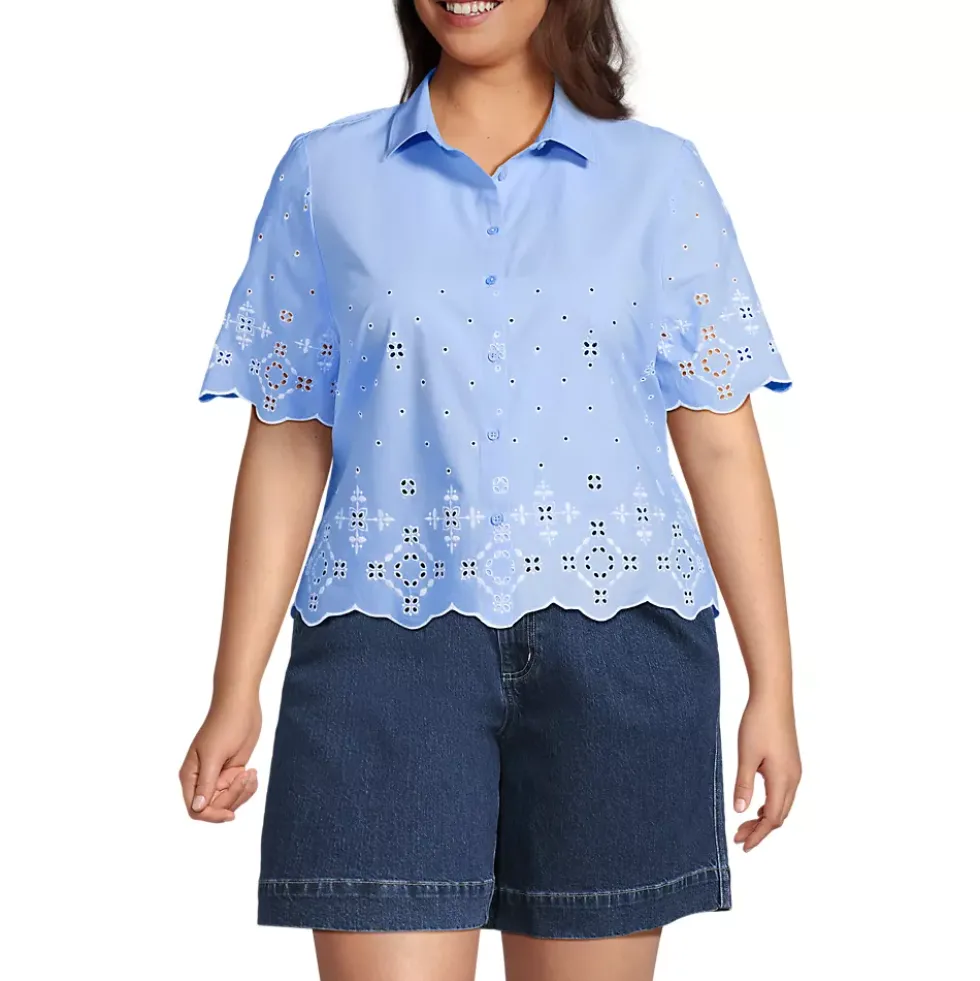 Women's Poplin Eyelet Button Front Shirt