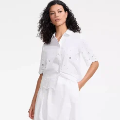 Women's Poplin Eyelet Button Front Shirt