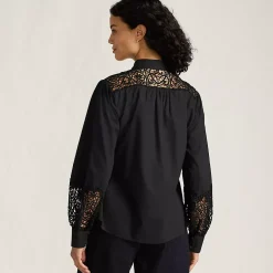 Women's Poplin Lace Inset Long Sleeve Top