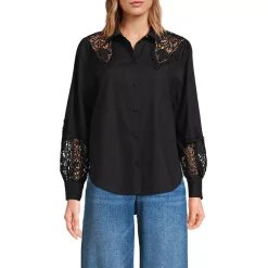 Women's Poplin Lace Inset Long Sleeve Top