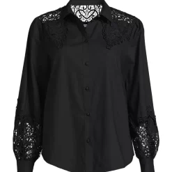 Women's Poplin Lace Inset Long Sleeve Top