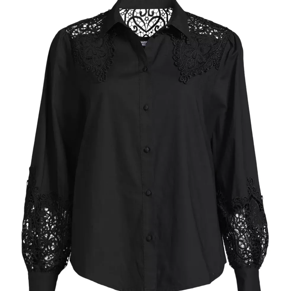 Women's Poplin Lace Inset Long Sleeve Top