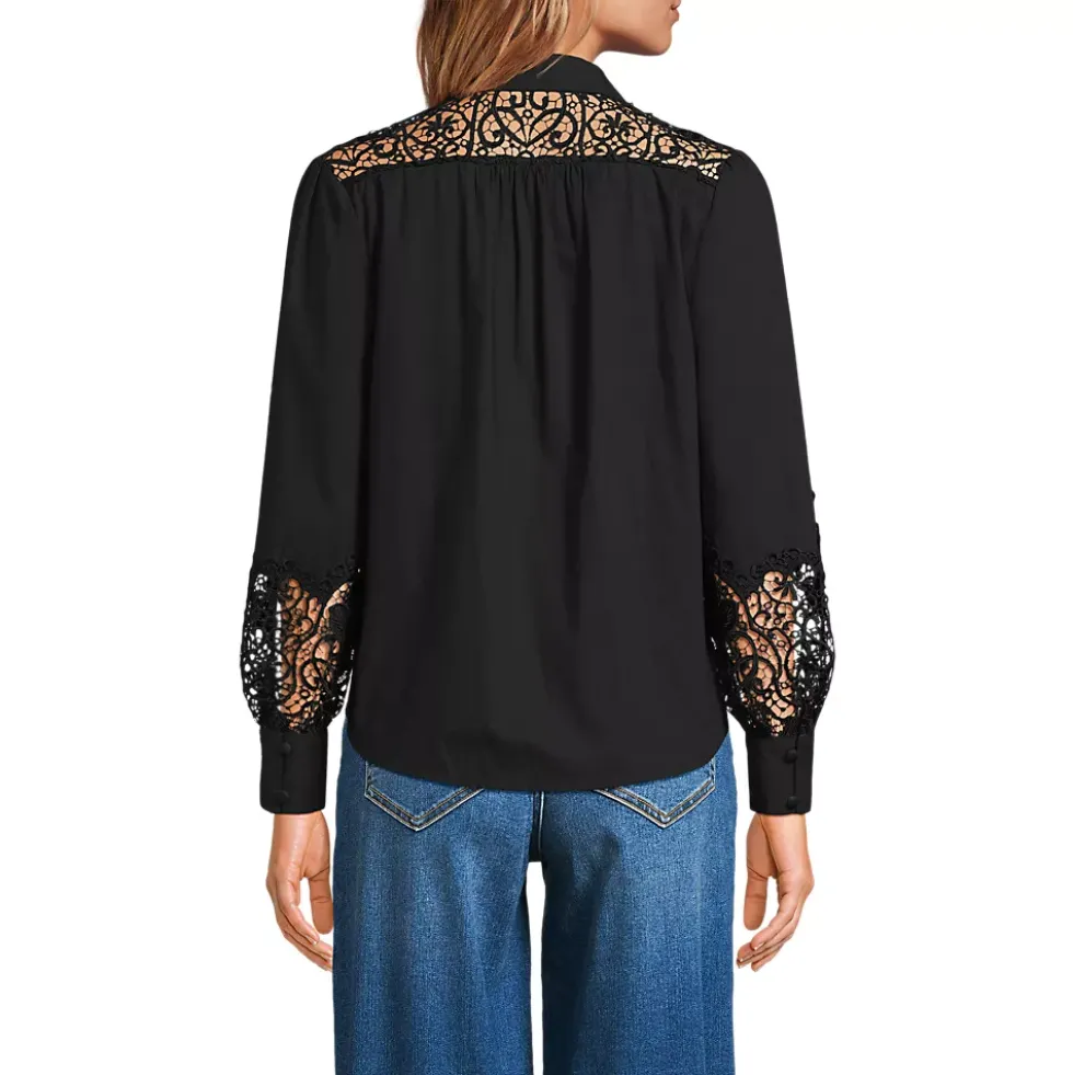 Women's Poplin Lace Inset Long Sleeve Top