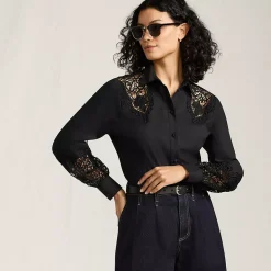 Women's Poplin Lace Inset Long Sleeve Top