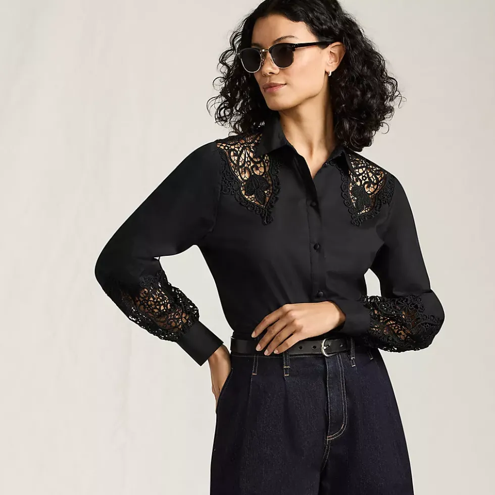 Women's Poplin Lace Inset Long Sleeve Top