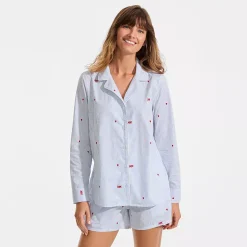 Women's Poplin Long Sleeve Button Front Sleep Top