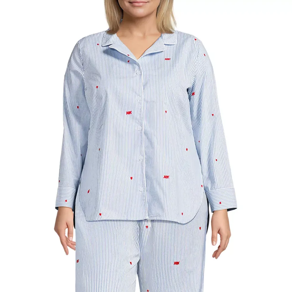 Women's Poplin Long Sleeve Button Front Sleep Top