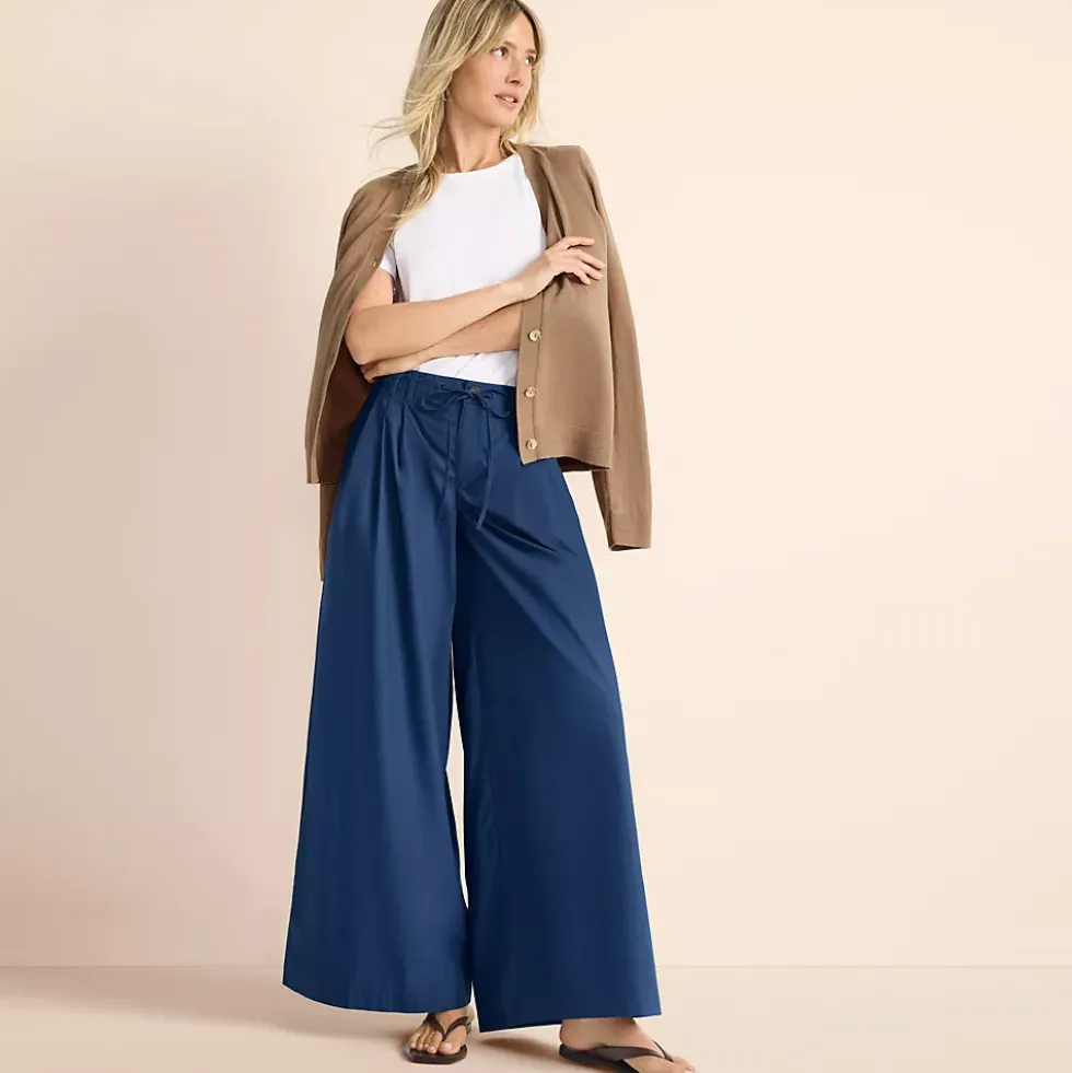Women's Poplin Mid Rise Pleated Slouchy Pants