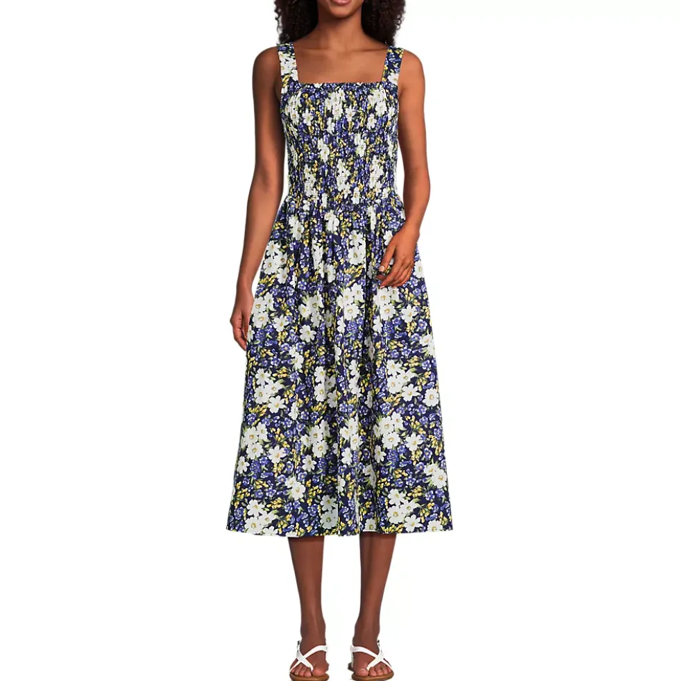 Women's Poplin Smocked Bodice Midi Dress