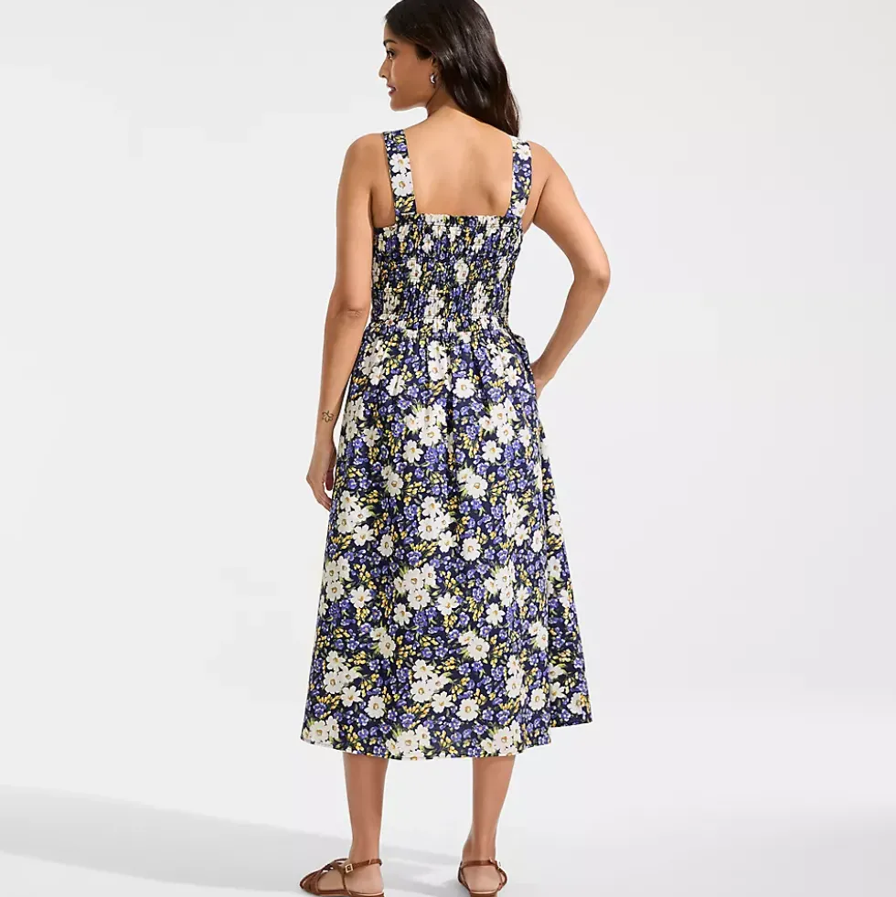 Women's Poplin Smocked Bodice Midi Dress