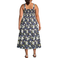 Women's Poplin Smocked Bodice Midi Dress