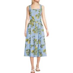 Women's Poplin Square Neck Midi Tie Waist Dress