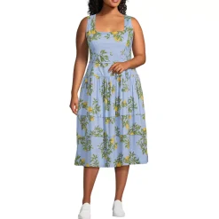 Women's Poplin Square Neck Midi Tie Waist Dress