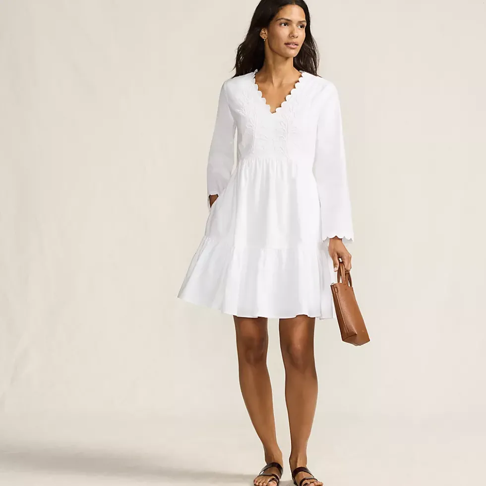 Women's Poplin V Neck Embroidered Dress
