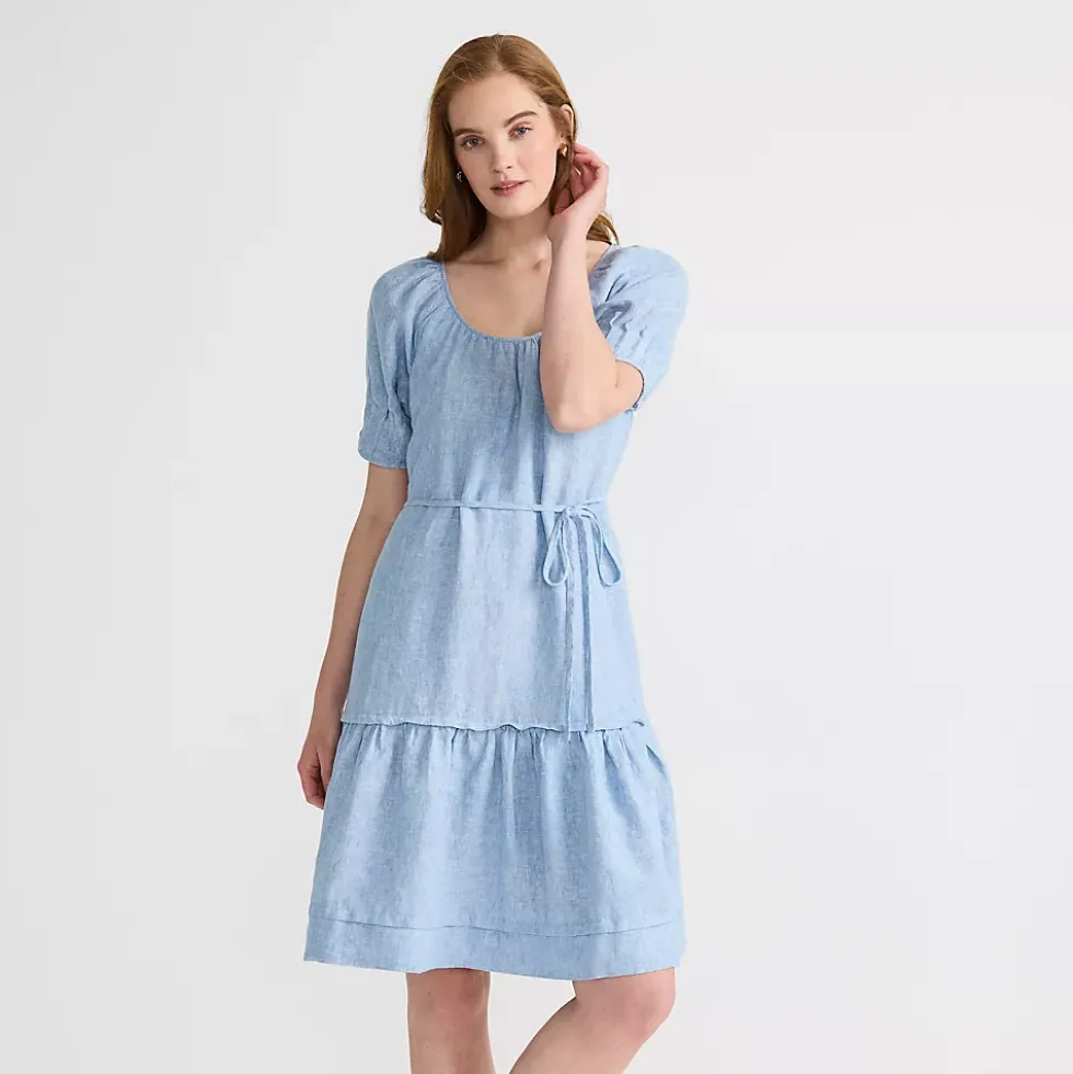 Women's Puff Sleeve Pleated Linen Knee Length Dress