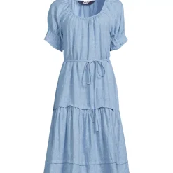 Women's Puff Sleeve Pleated Linen Knee Length Dress