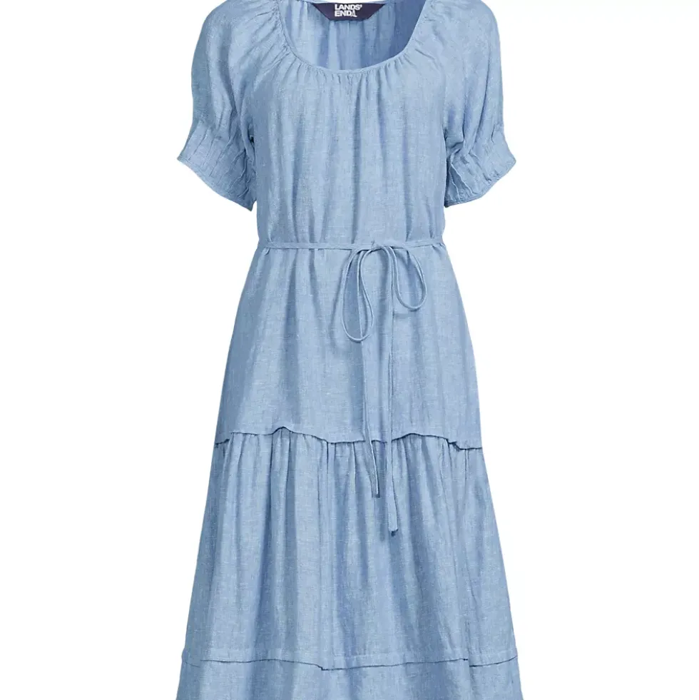 Women's Puff Sleeve Pleated Linen Knee Length Dress