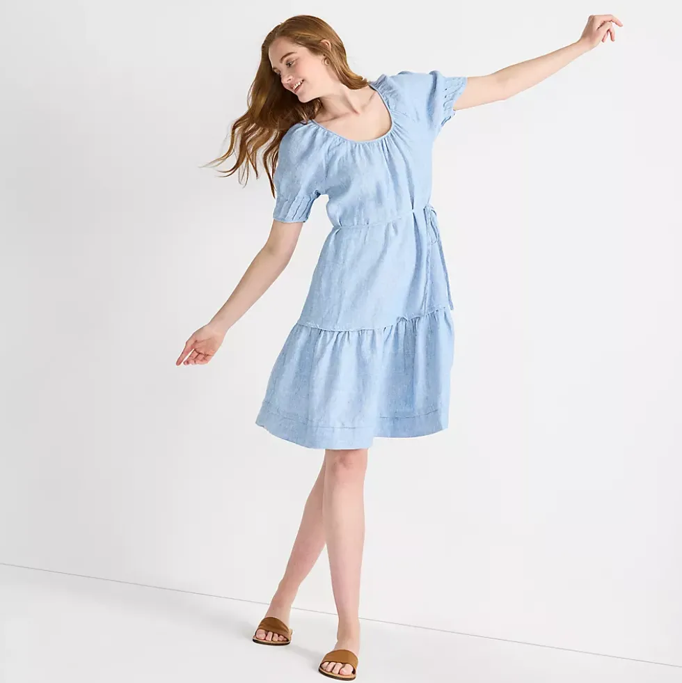 Women's Puff Sleeve Pleated Linen Knee Length Dress