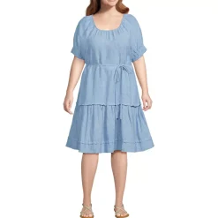 Women's Puff Sleeve Pleated Linen Knee Length Dress
