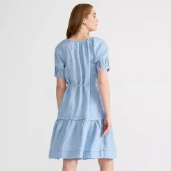 Women's Puff Sleeve Pleated Linen Knee Length Dress
