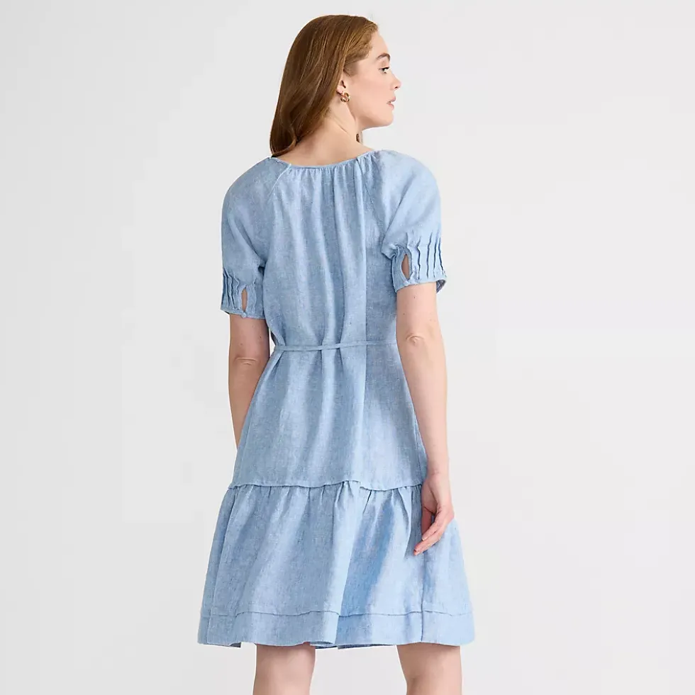 Women's Puff Sleeve Pleated Linen Knee Length Dress