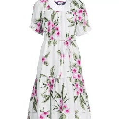 Women's Puff Sleeve Pleated Linen Knee Length Dress