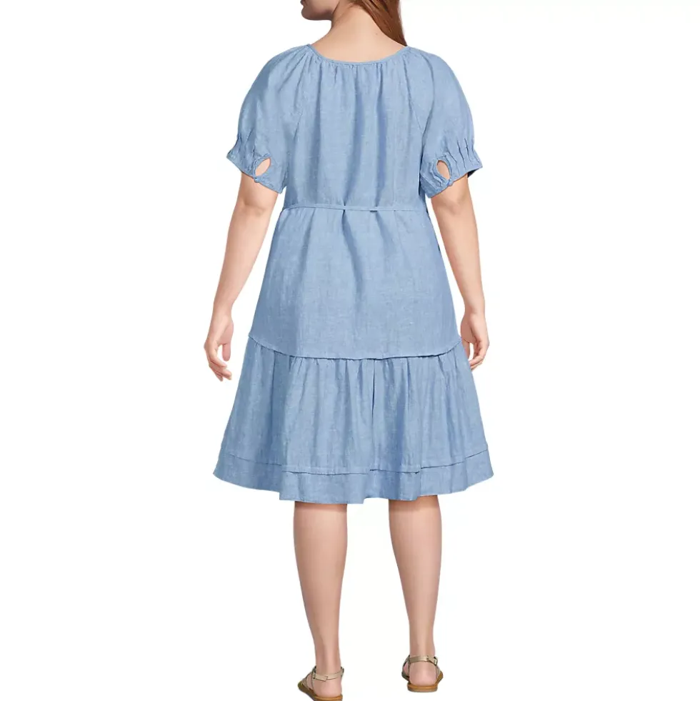 Women's Puff Sleeve Pleated Linen Knee Length Dress