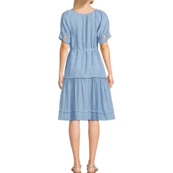 Women's Puff Sleeve Pleated Linen Knee Length Dress