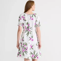Women's Puff Sleeve Pleated Linen Knee Length Dress