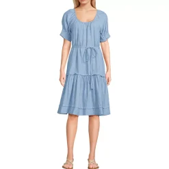 Women's Puff Sleeve Pleated Linen Knee Length Dress