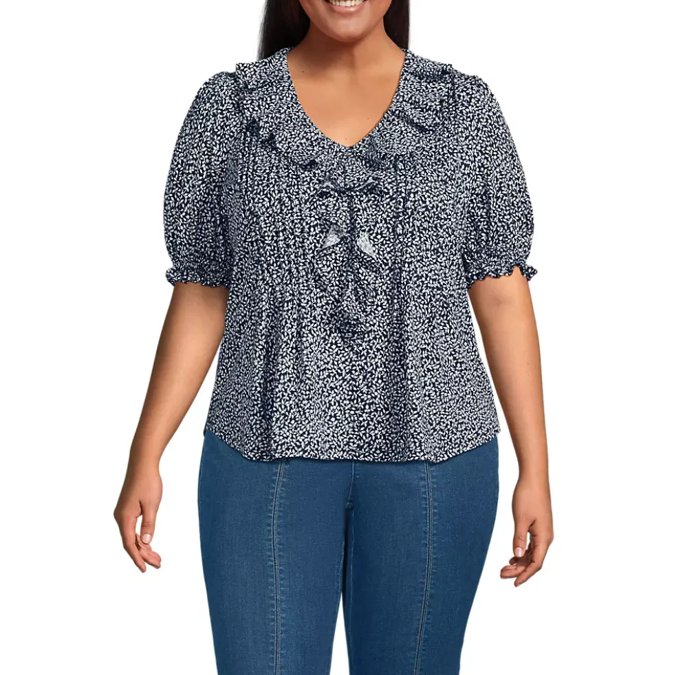 Women's Puff Sleeve Slub Ruffle Pintuck Top