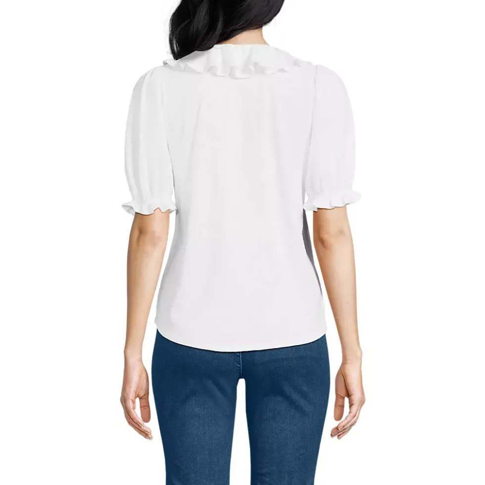 Women's Puff Sleeve Slub Ruffle Pintuck Top