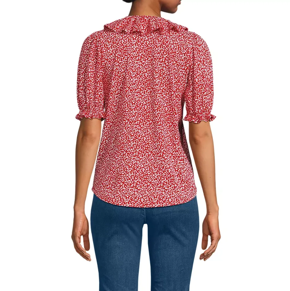 Women's Puff Sleeve Slub Ruffle Pintuck Top